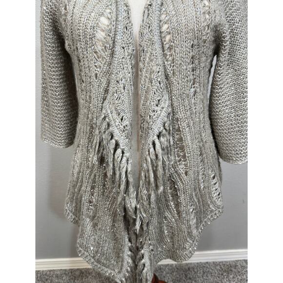 Chico's cardigan sweater metallic tam with sparkle open front fringe Sz 1 US M - Picture 3 of 8